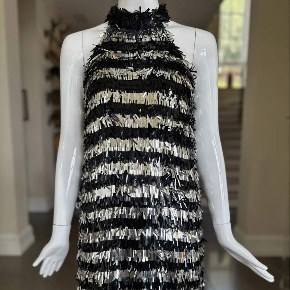 Michael Kors Collection Silver & Black Sequin Fringe Mini Dress – Size 8